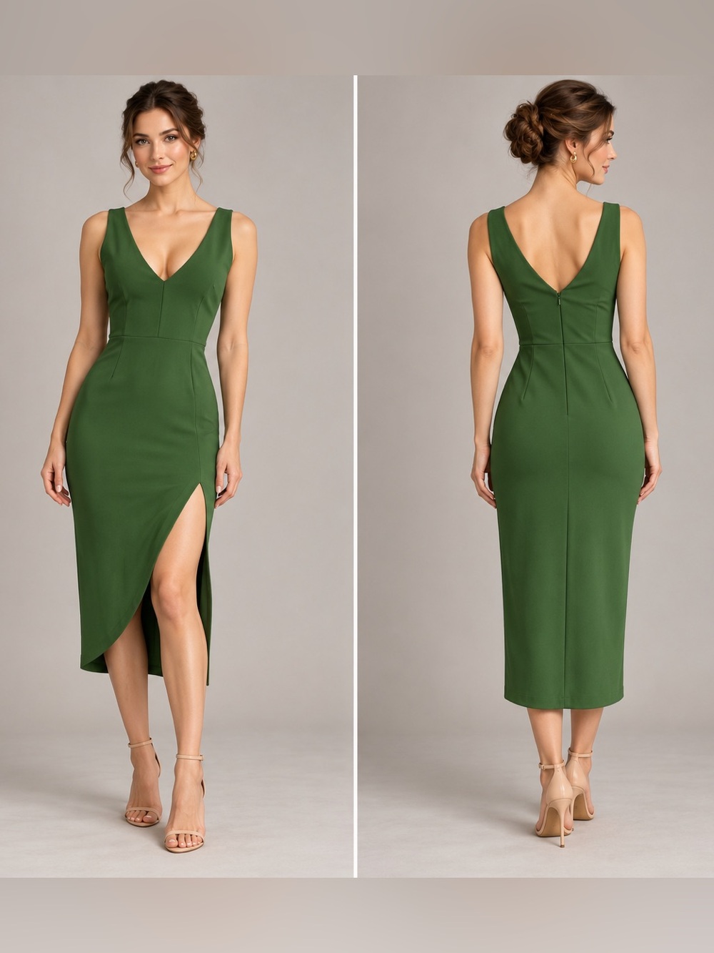 Abercrombie & Fitch Olive Green V-Neck Midi Dress with Side Slit